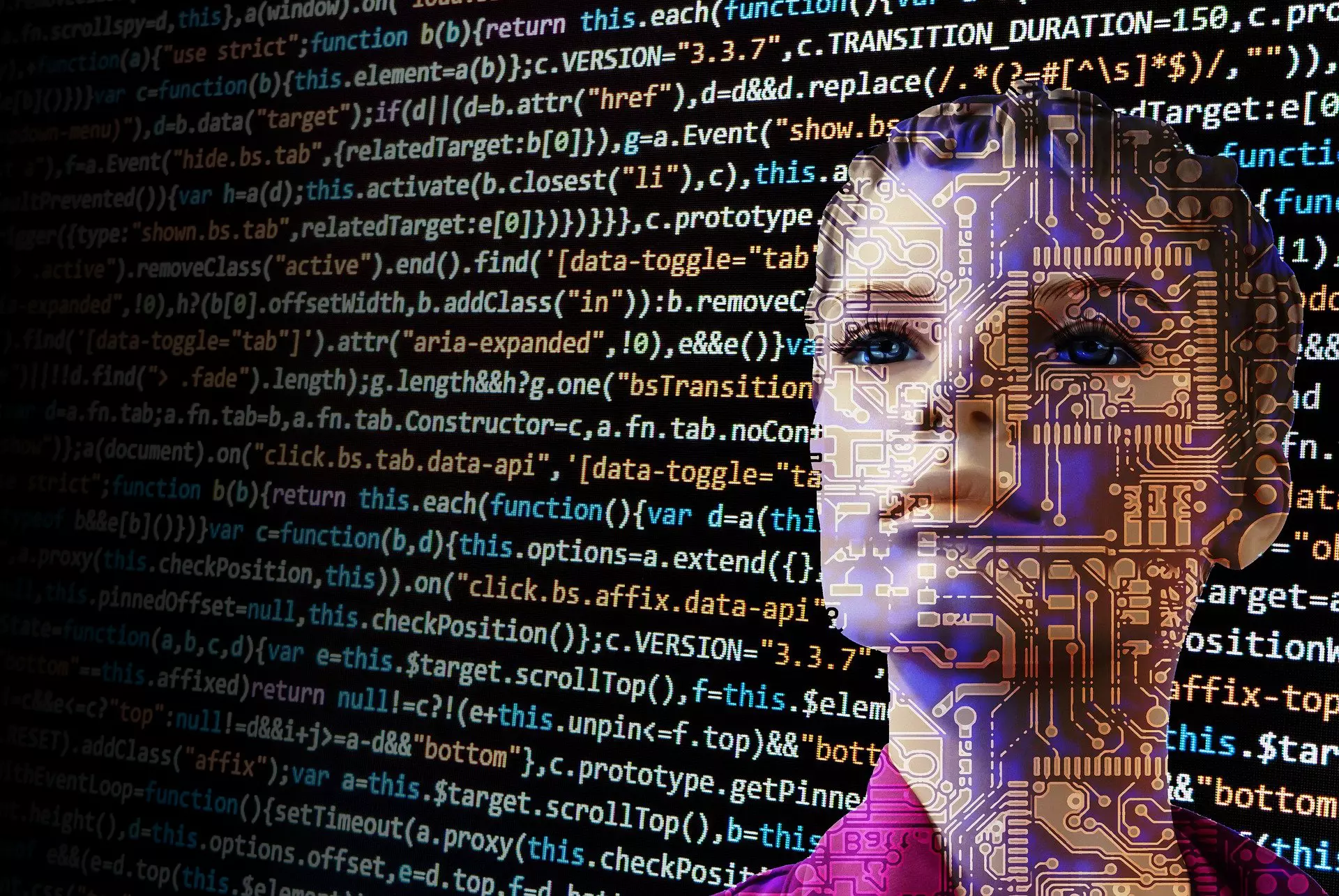 Image d'un visage féminin avec un fond de code informatique