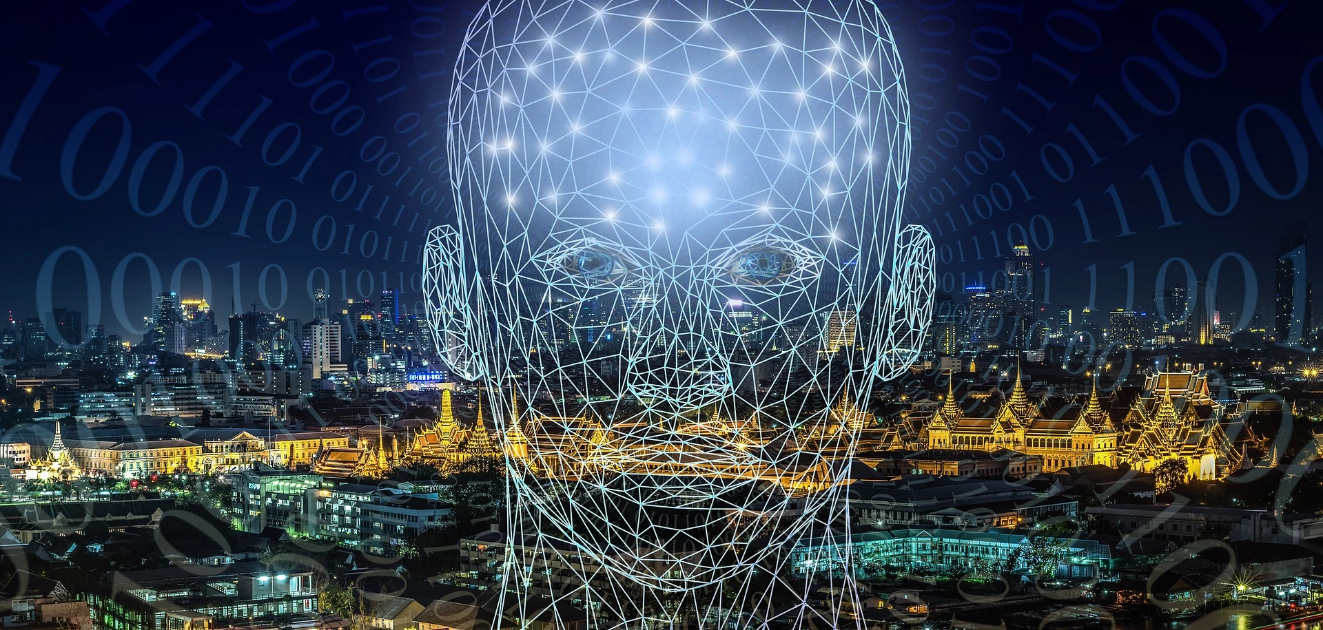Image de ville dans la nuit avec un visage et du code binaire en fond